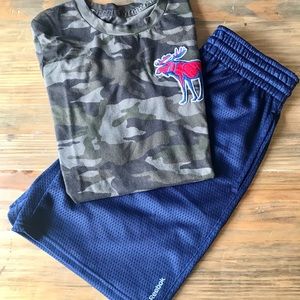 Abercrombie Camo Shirt and Reebok Athletic Shorts
